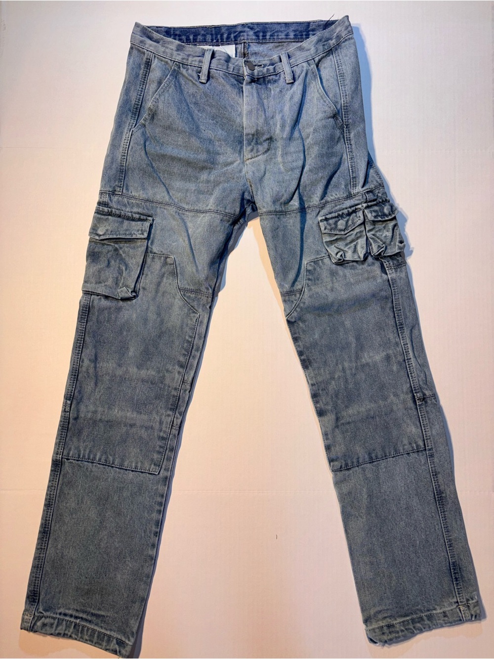 Mnml Double Knee Cargo Utility Pockets Light Wash Blue Denim Jeans Men’s Sz 30
